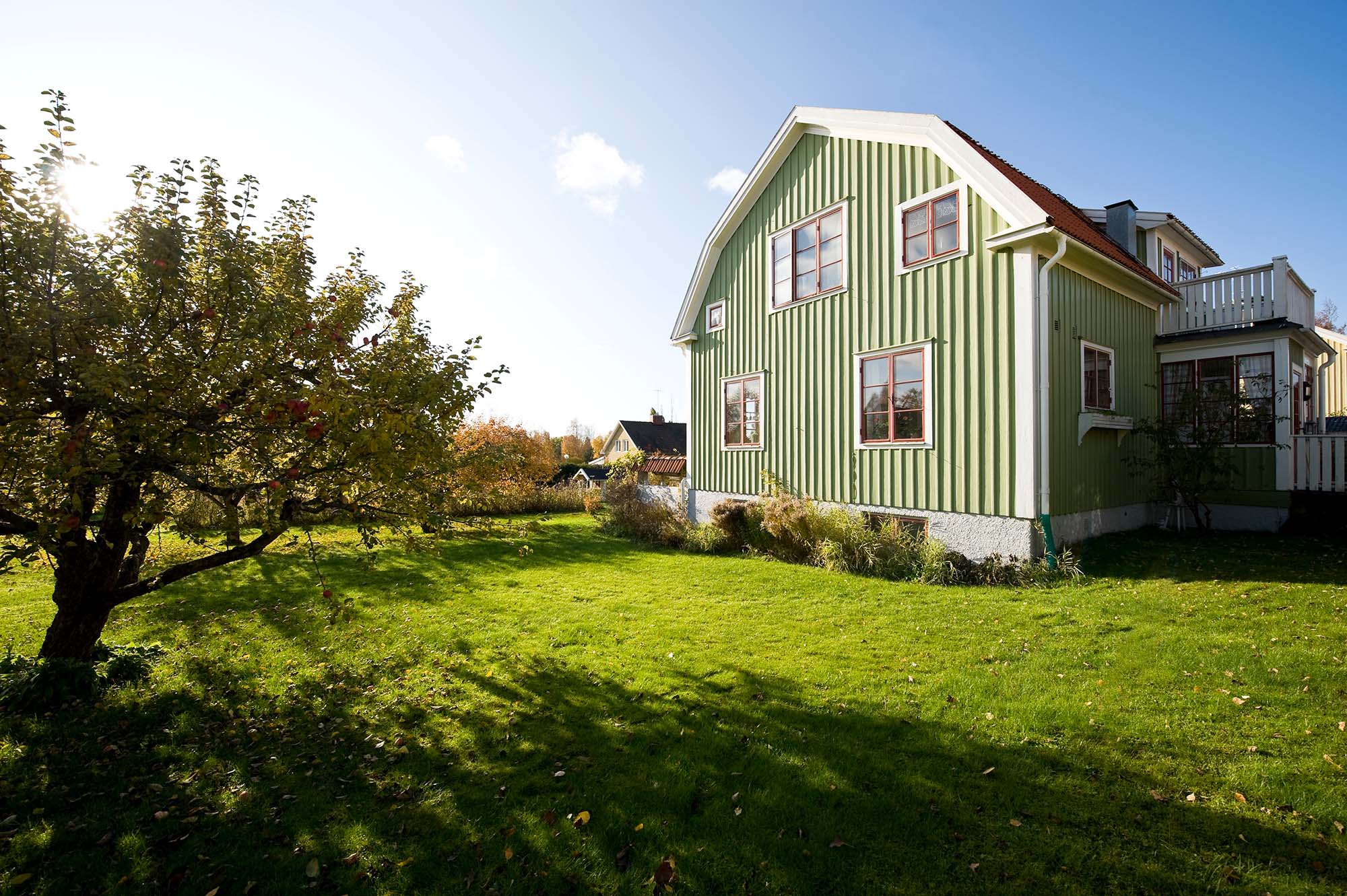Grön villa med stor trädgård